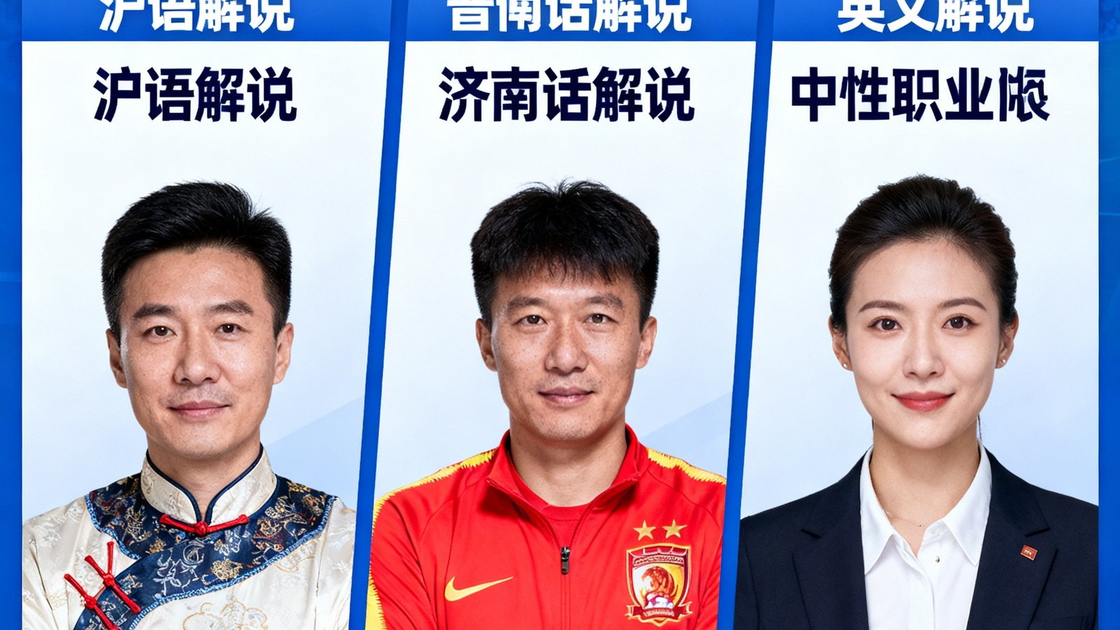 天下足球网中超焦点战四路解说，包括沪语、济南话、普通话、英文